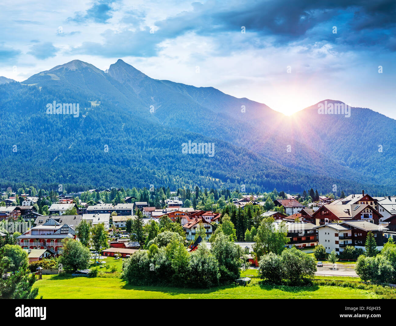 Beautiful view on little mountainous village, Seefeld in Tirol is an old farming village, major tourist resort in Innsbruck-Land Stock Photo