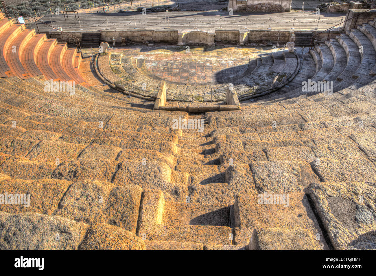Roman theatre of Medellin, Spain. High view from grandstand to stage Stock Photo