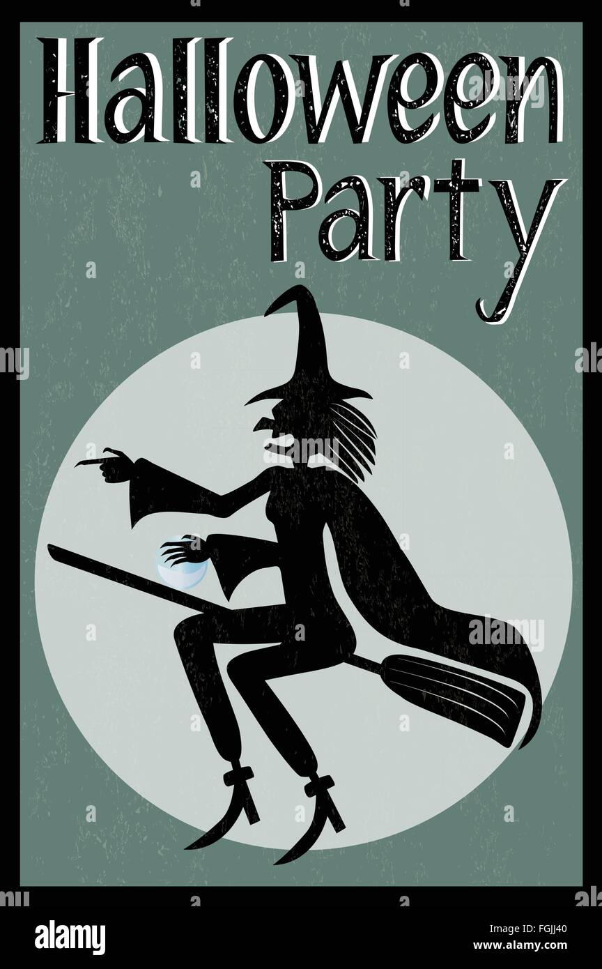 Halloween party card with a witch flying on a broom on grey background ...