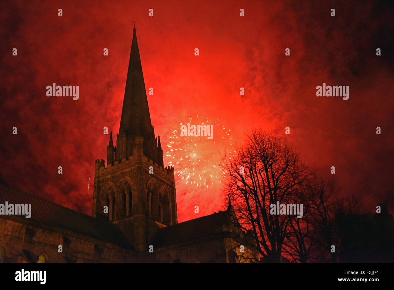 Firework display above Chichester Cathedral in the run up to Christmas Stock Photo