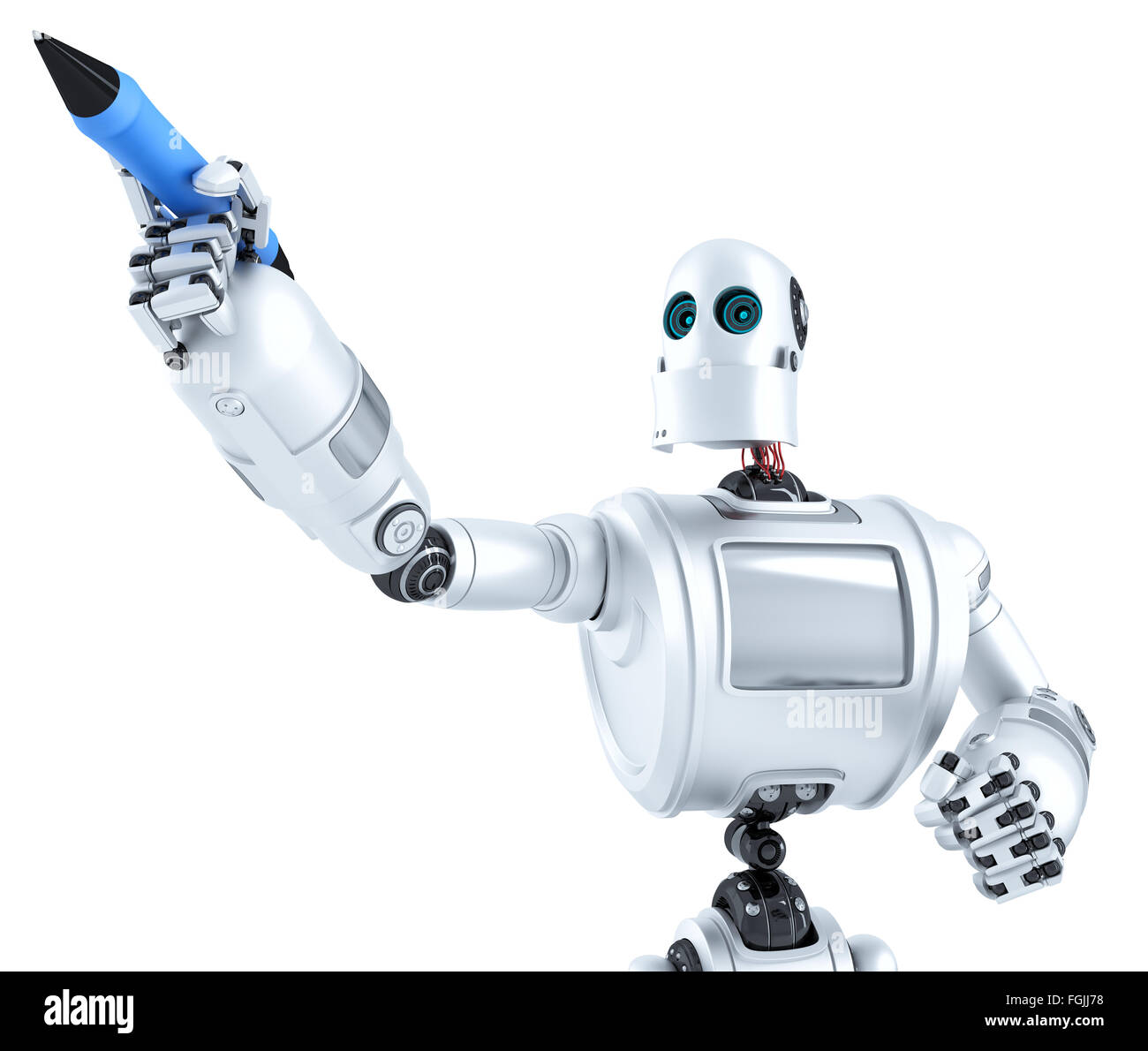 Robot writing on invisible screen. Closeup portrait. Isolated on white ...