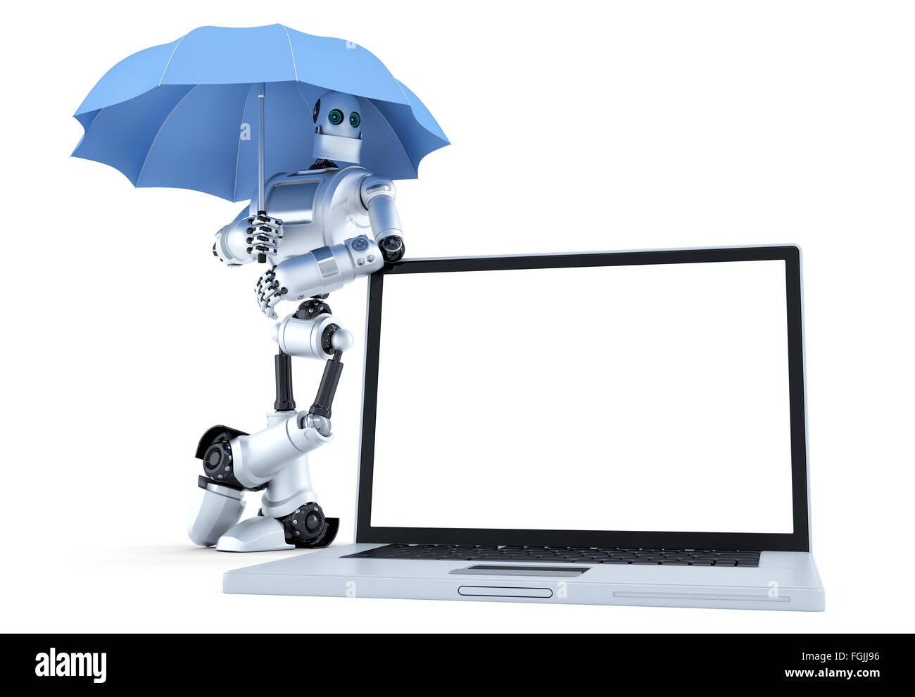 Robot with laptop under umbrella. Digital protection concept. Isolated ...