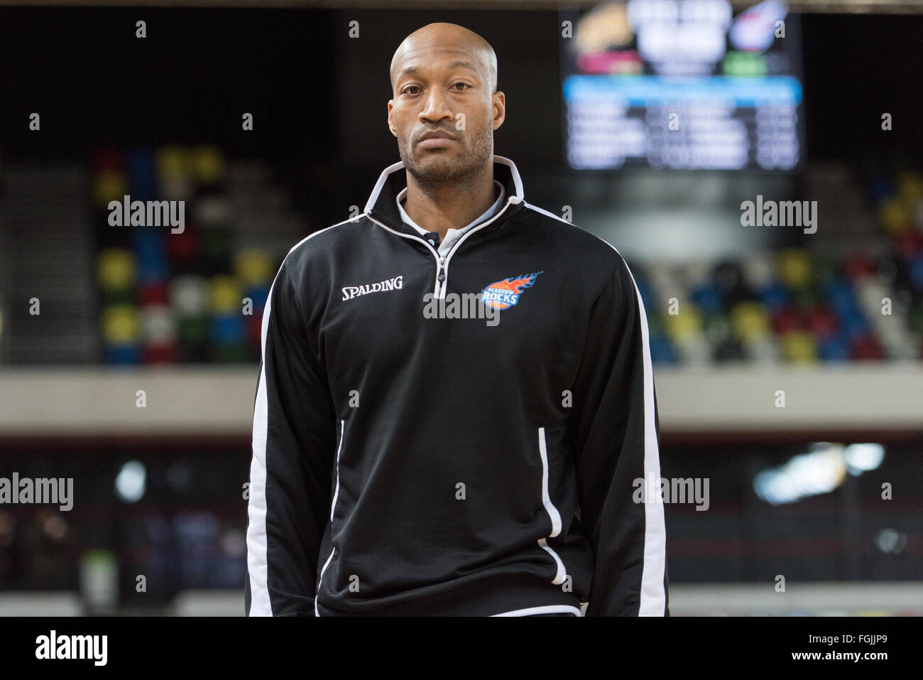 London, England, 20 February 2016. Glasgow Rocks Sterling Davis (Coach) looking all serious during the game.  BBL game at the Copper Box Arena in the Olympic Park. London Lions lost to Glasgow Rocks 81 vs 80. Credit: pmgimaging/Alamy Live News Stock Photo