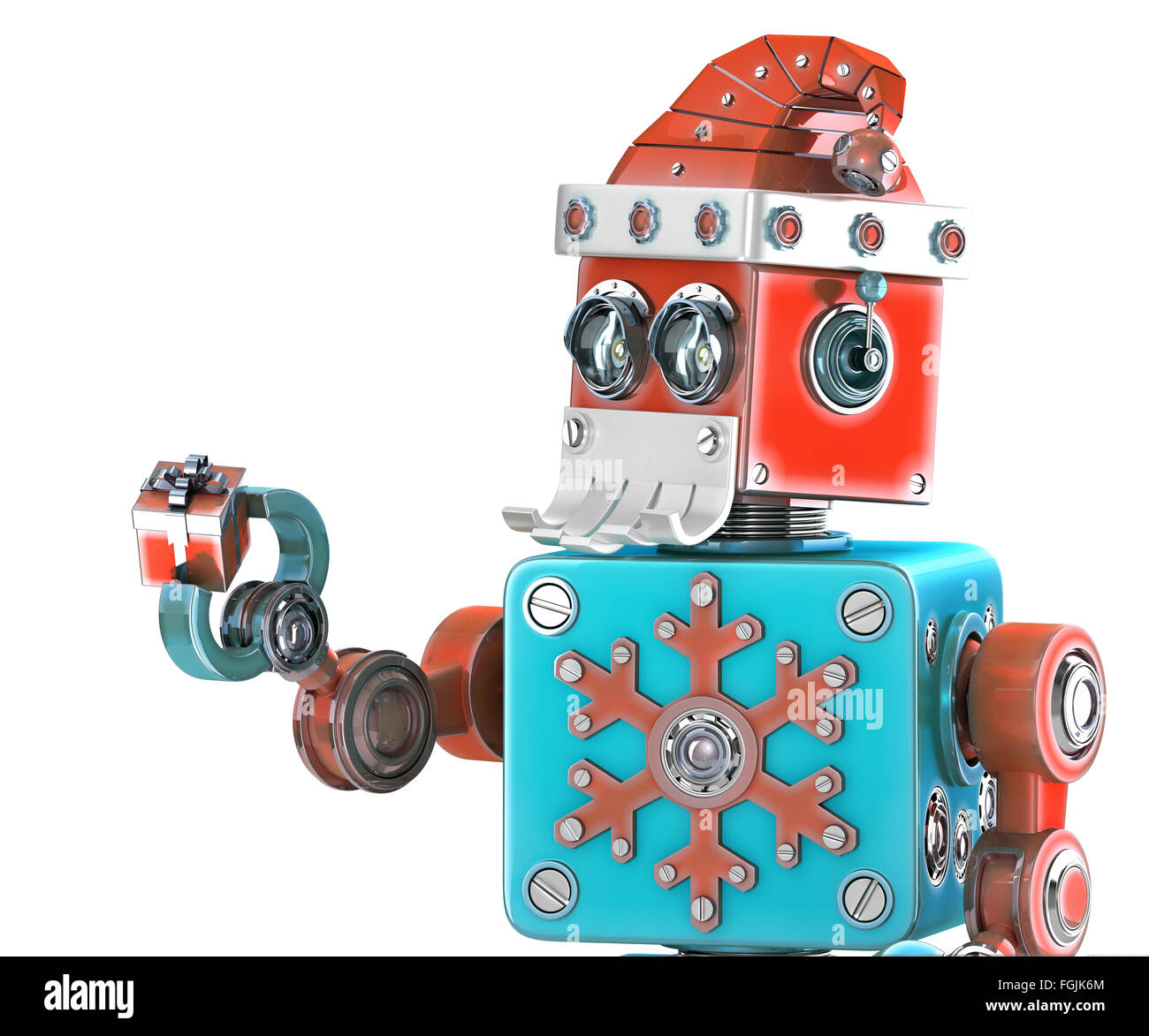 Cute retro robot with santa's hat holding gift box. Isolated over white ...