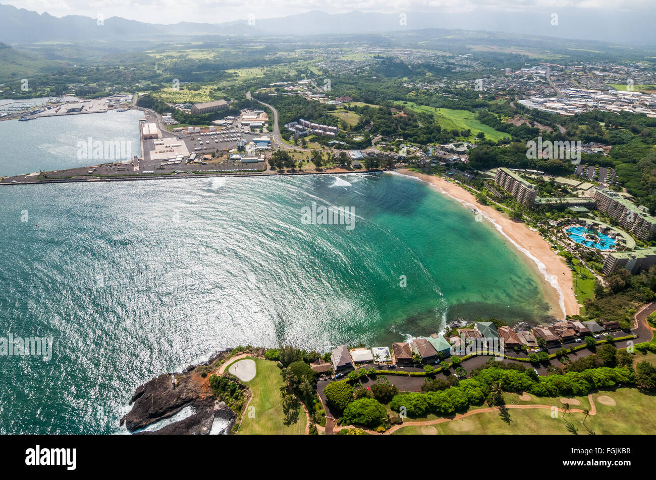 Aerial of southern Lihue featuring the Kauai Marriott Resort and Kalapaki Beach, Kauai, Hawaii. Stock Photo