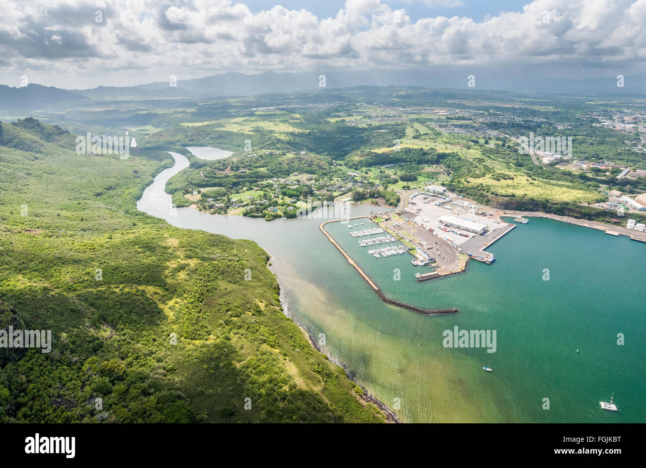 Aerial of the Nawiliwili Harbor in South Lihue, Kauai, Hawaii. Stock Photo