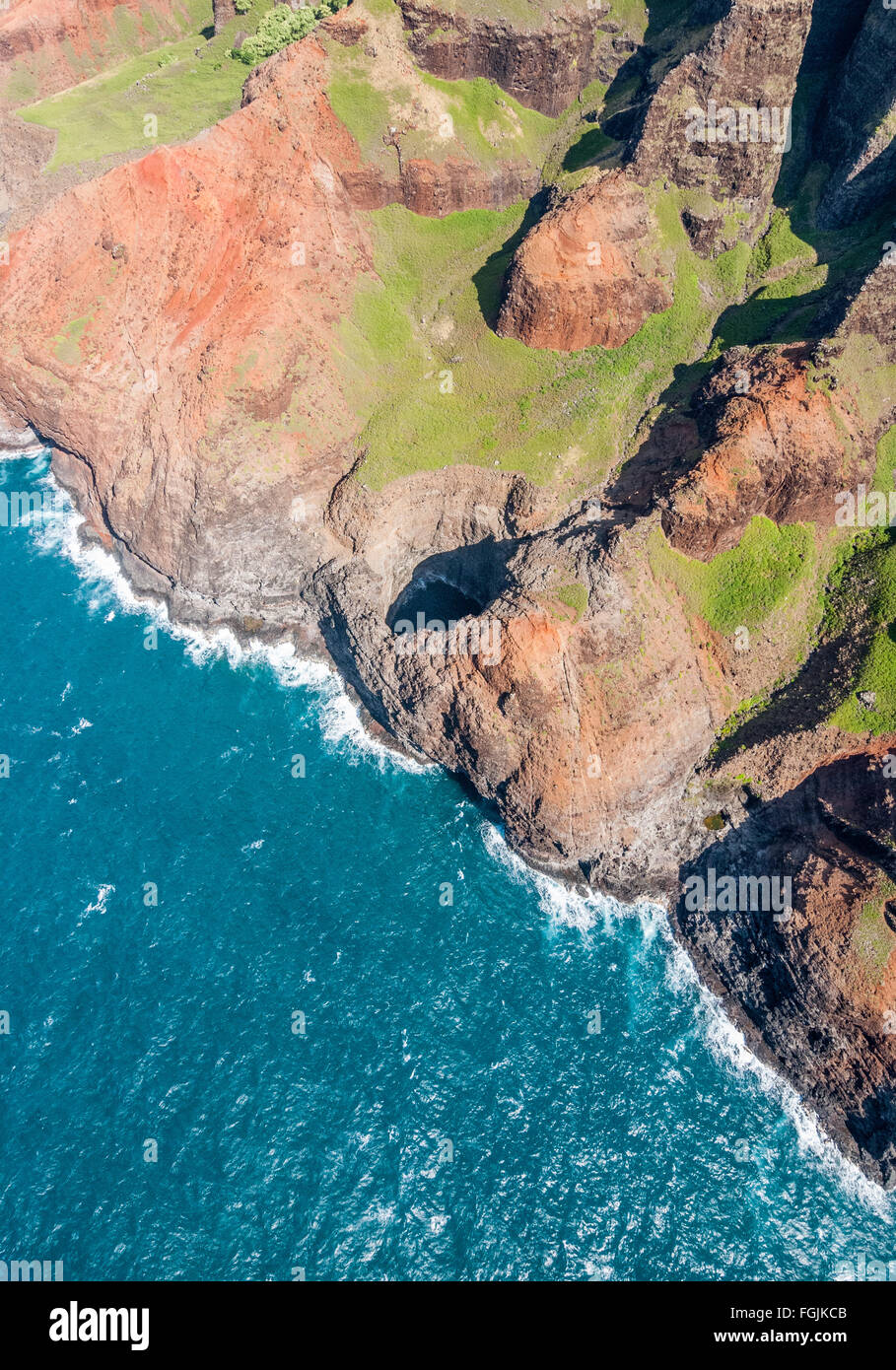 Aerial view of The Bright Eye on the Na Pali Coast of Kauai, Hawaii