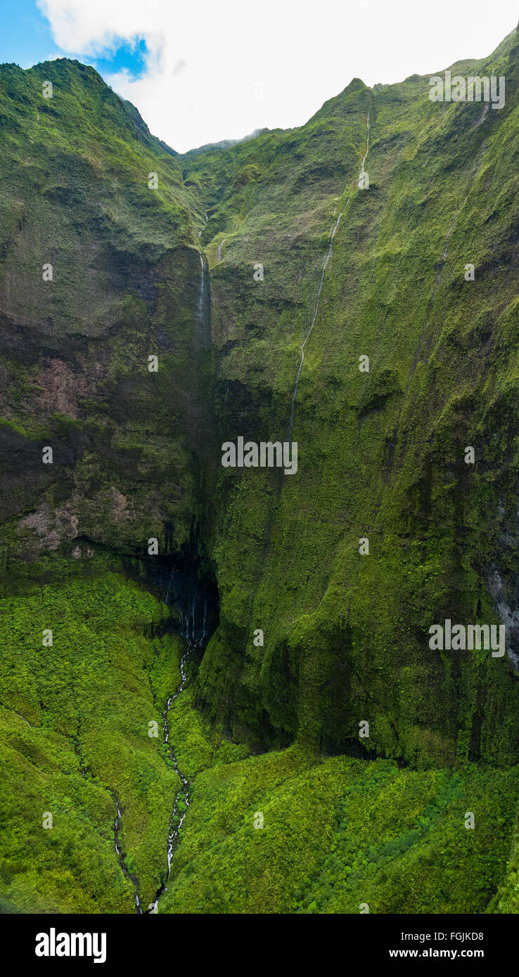 Aerial of waterfalls at the Wall Of Tears on Waialeale Mountain, Kauai, Hawaii. Stock Photo