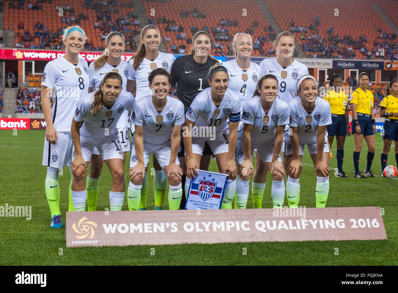 Houston, Texas, USA. 19th February, 2016. February 19, 2016: The team USA starting lineup poses for a group shot prior to a semi-final CONCACAF Olympic Qualifying soccer match between the USA and Trinidad & Tobago at BBVA Compass Stadium in Houston, TX. USA won 5-0 and earned a spot in the Summer Olympics.Trask Smith/CSM Credit:  Cal Sport Media/Alamy Live News Stock Photo