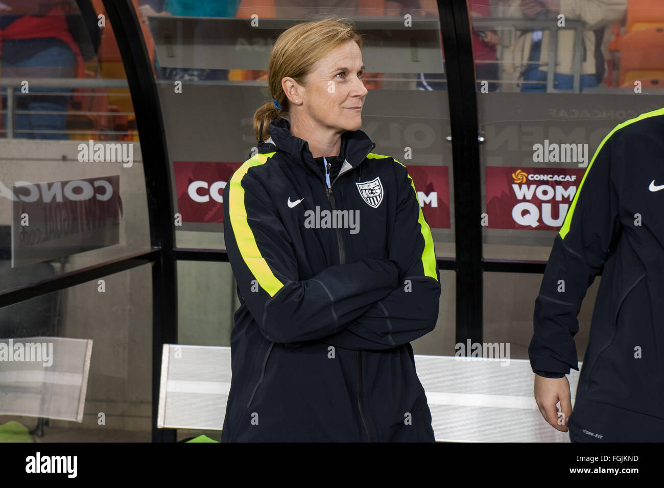 Houston, Texas, USA. 19th February, 2016. February 19, 2016: United States head coach Jillian Ellis stands in the bench area prior to a semi-final CONCACAF Olympic Qualifying soccer match between the USA and Trinidad & Tobago at BBVA Compass Stadium in Houston, TX. USA won 5-0 and earned a spot in the Summer Olympics.Trask Smith/CSM Credit:  Cal Sport Media/Alamy Live News Stock Photo