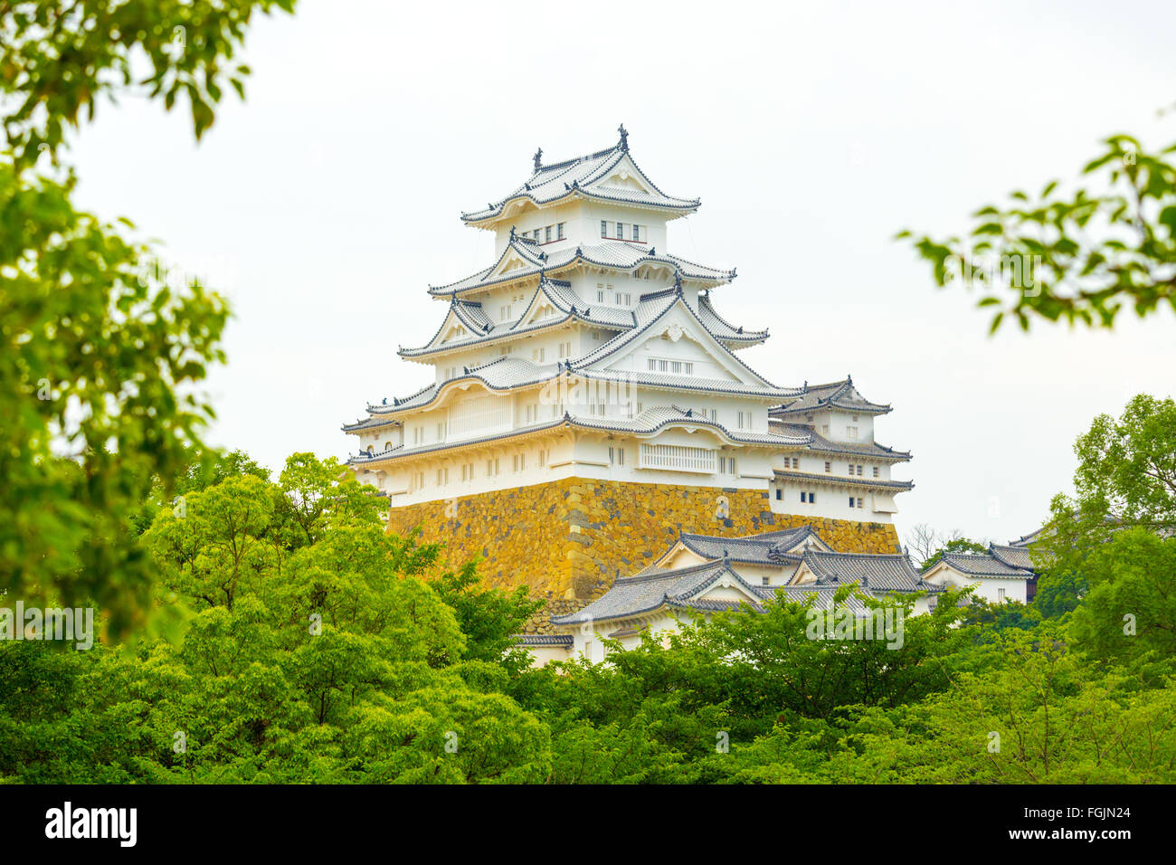 Trees and leaves framing the beautiful details of Himejijo castle on