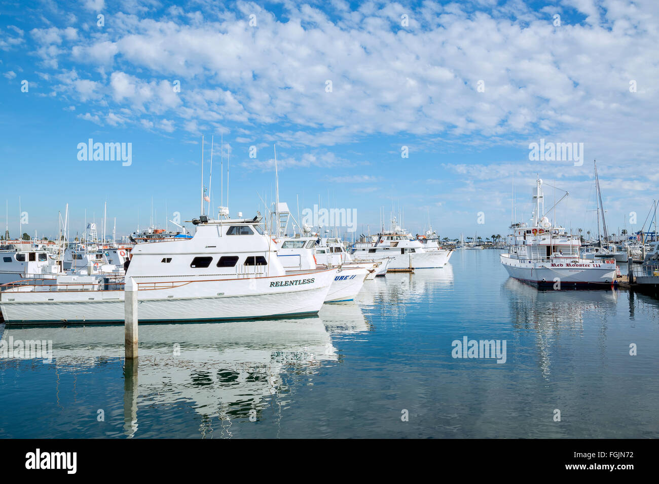 Docked boats at Shelter island Marina in Point Loma, California Stock Photo
