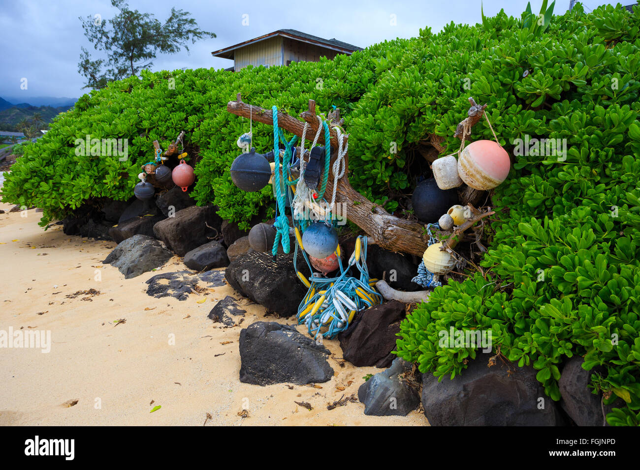 Nautical and marine floats and ropes wash ashore at Bathtub Beach on