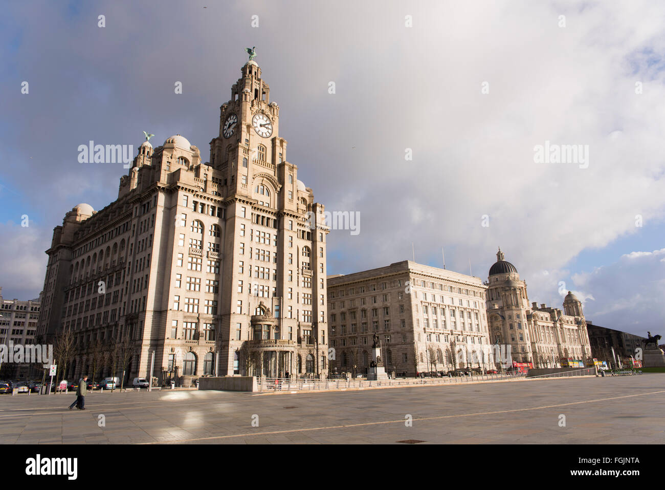 The Three Graces, Liverpool. Buildings from left to right  - Royal Liver Building, Cunard Building, Port of Liverpool Building Stock Photo