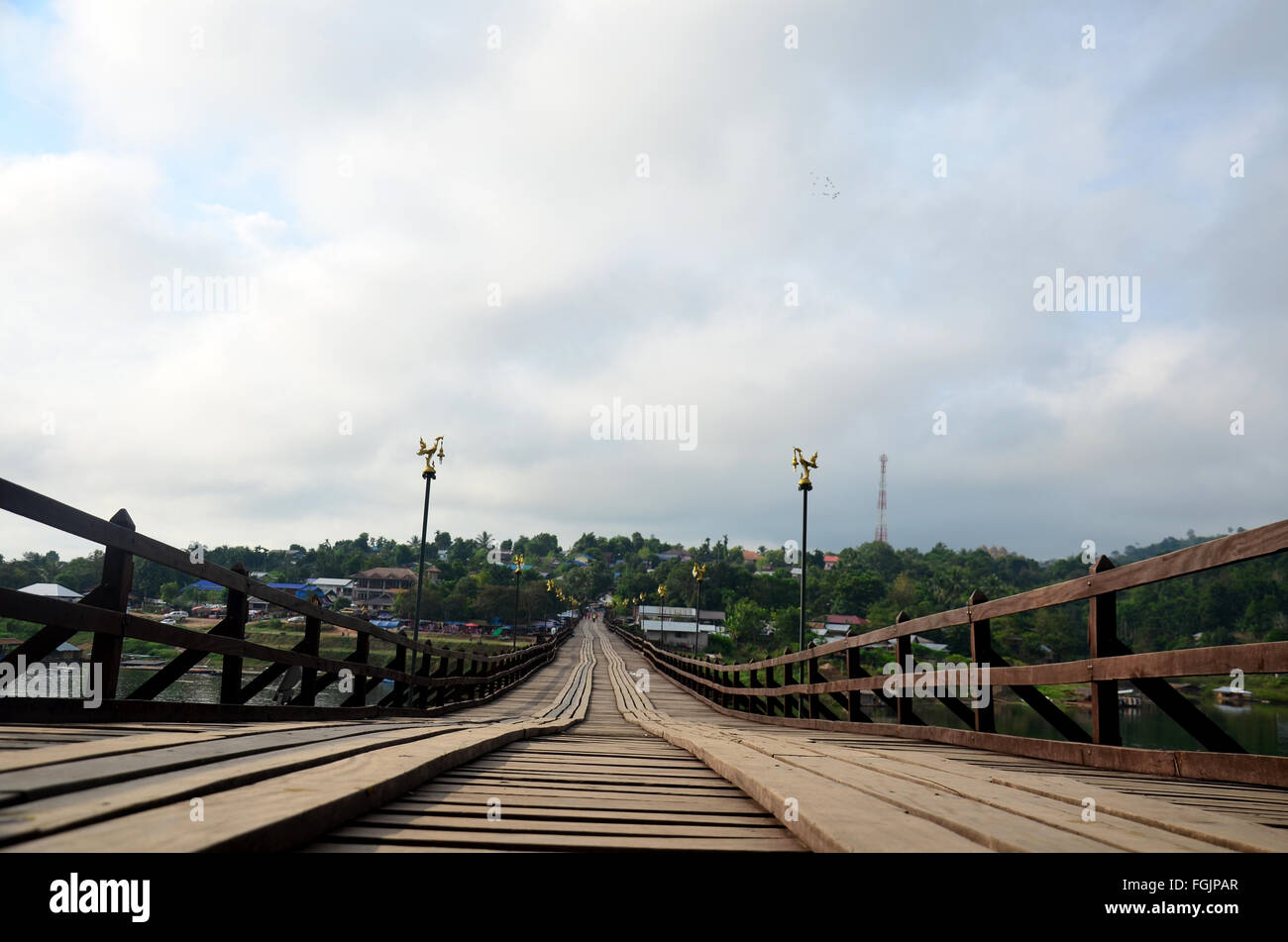 Saphan Mon wooden bridge in morning time at Sangkhlaburi in Kanchanaburi, Thailand. Stock Photo
