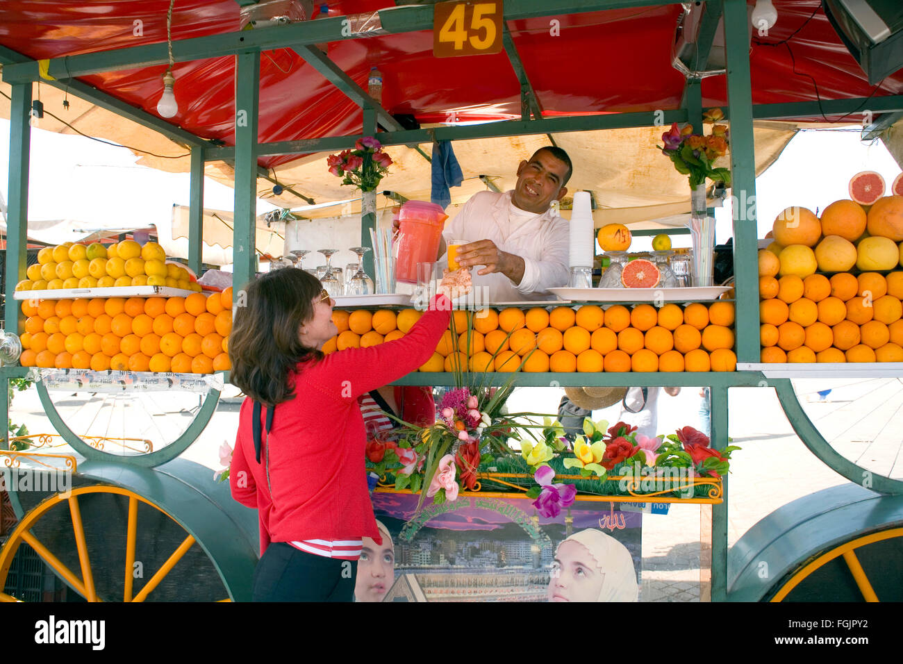 Freshly squeezed cool orange juice, in Marrakech Morocco. Stock Photo