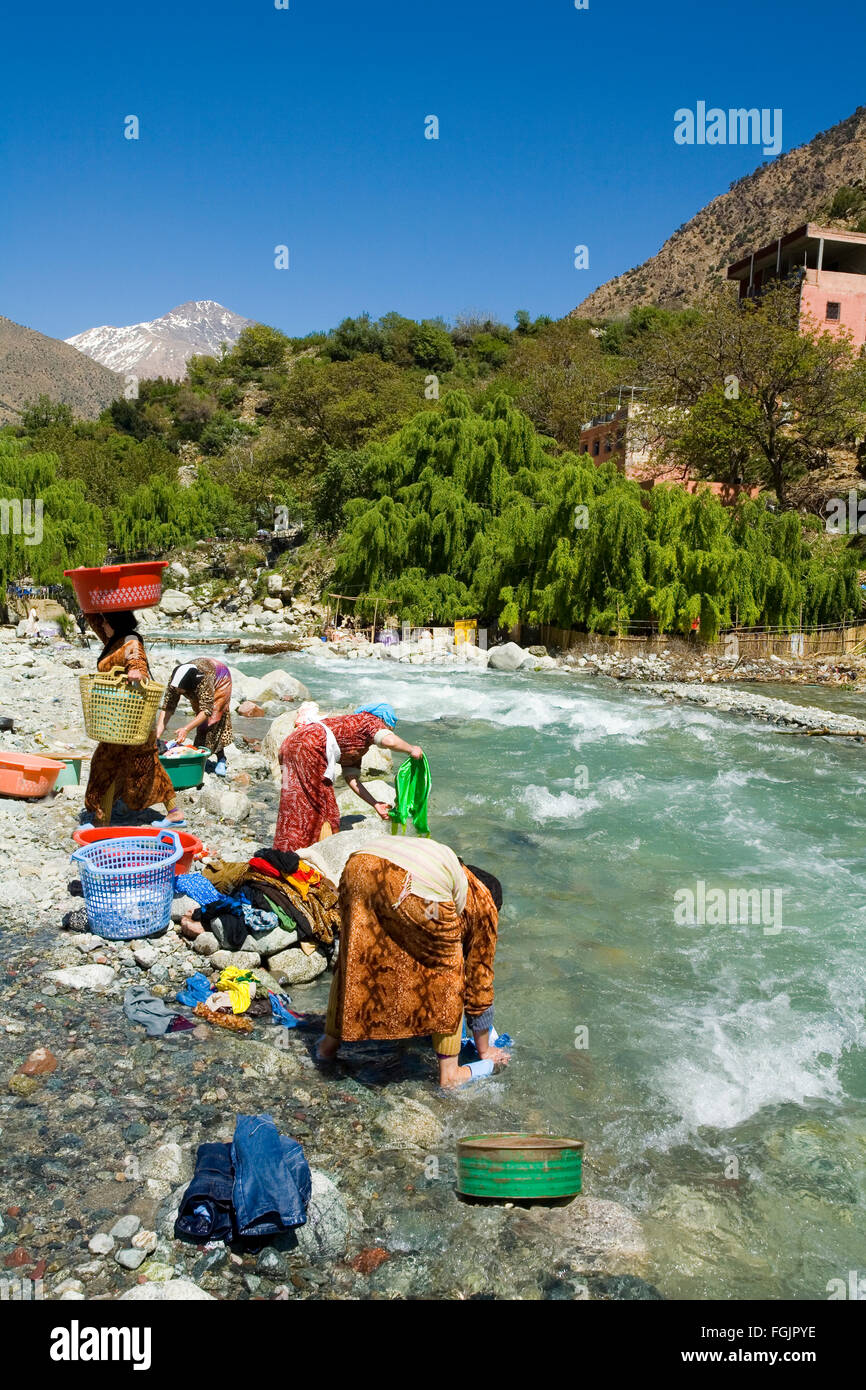 Washing clothes in the river at Setti Fatma, Ourika valley Marrakech Morocco Stock Photo