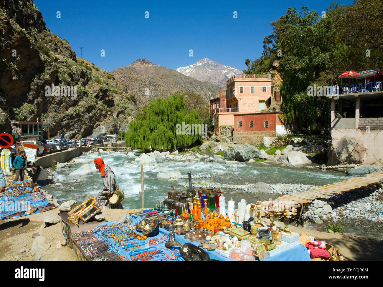 Snow on the mountains at the village of Setti Fatma, springtime in the Ourika Valley, Morocco near Marrakech Stock Photo