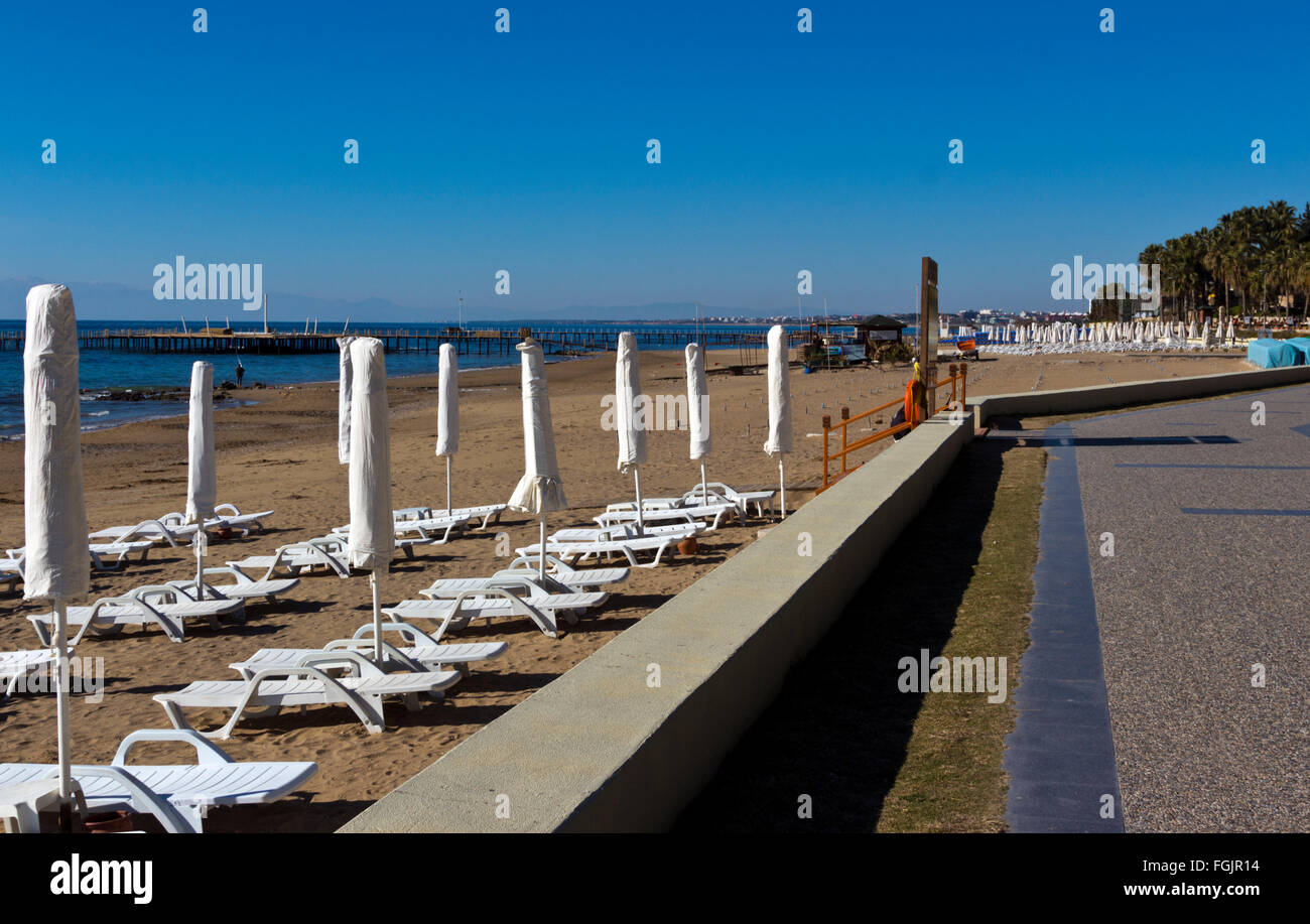Empty Hotel Beach, Side, Antalya, Turkey Stock Photo