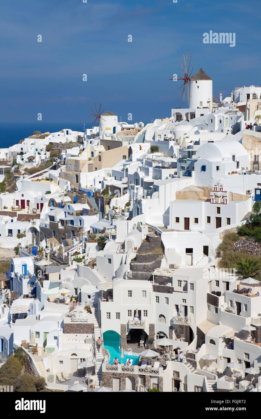 SANTORINI, GREECE - OCTOBER 5, 2015: The look to part of Oia with the windmills. Stock Photo