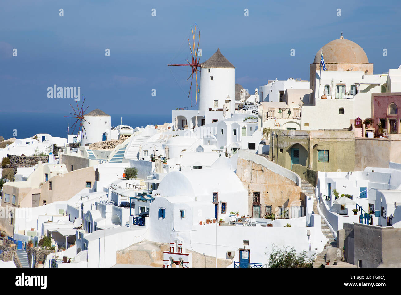 SANTORINI, GREECE - OCTOBER 5, 2015: The look to part of Oia with the windmills. Stock Photo