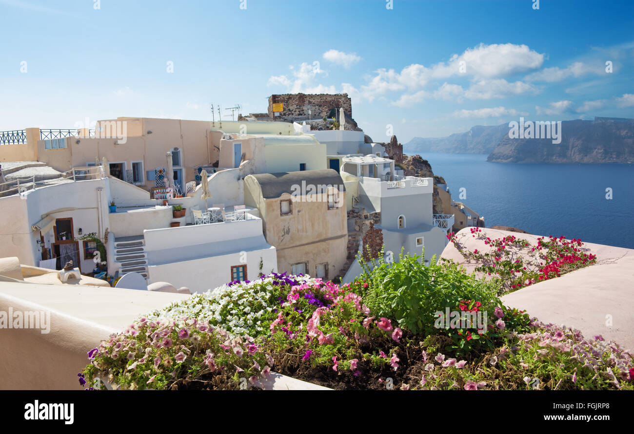 SANTORINI, GREECE - OCTOBER 5, 2015: The little ruins of fortress in Oia and Therasia island. Stock Photo