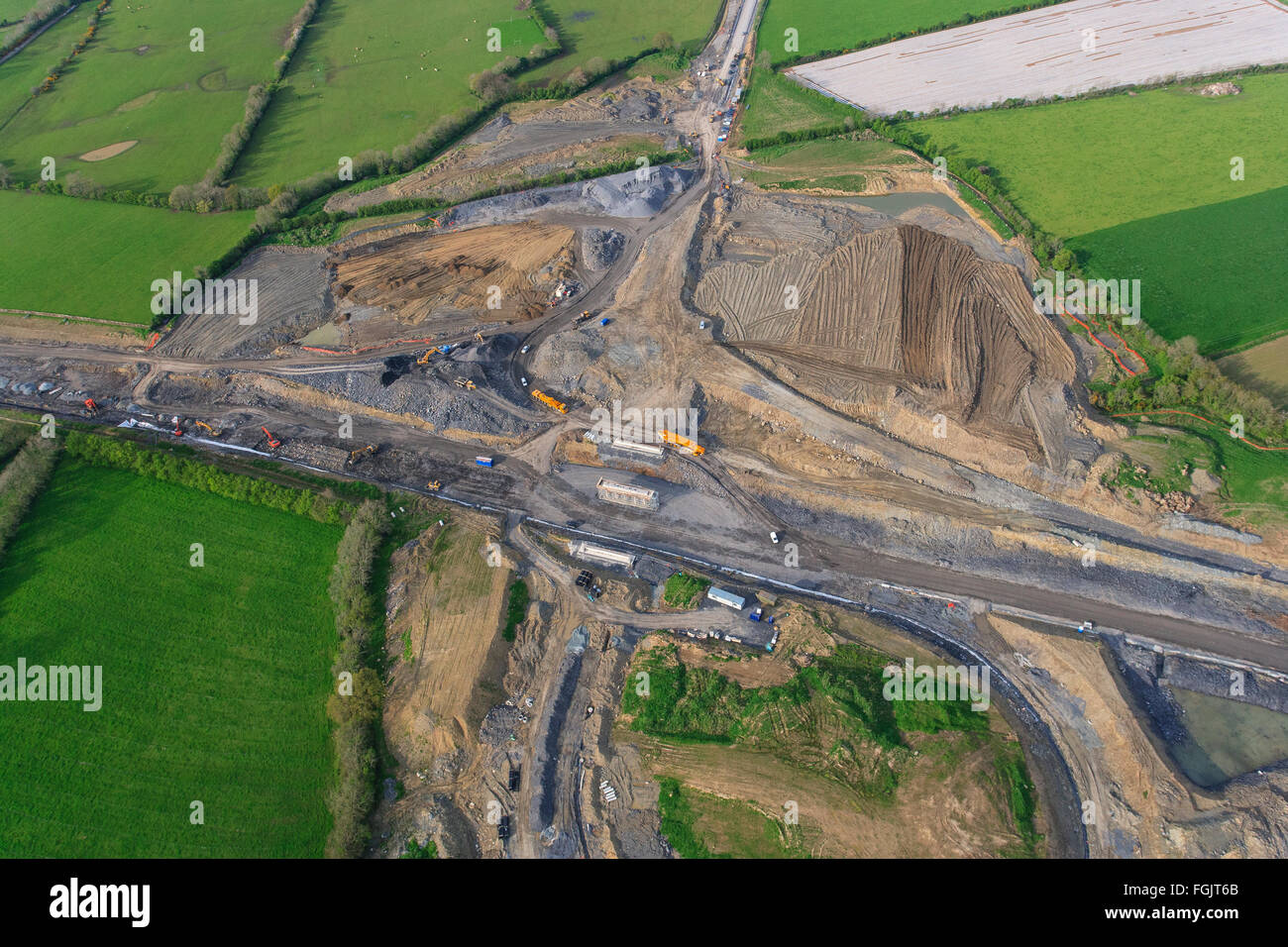 road infrastructure construction, aerial view motorway road under construction uk Stock Photo