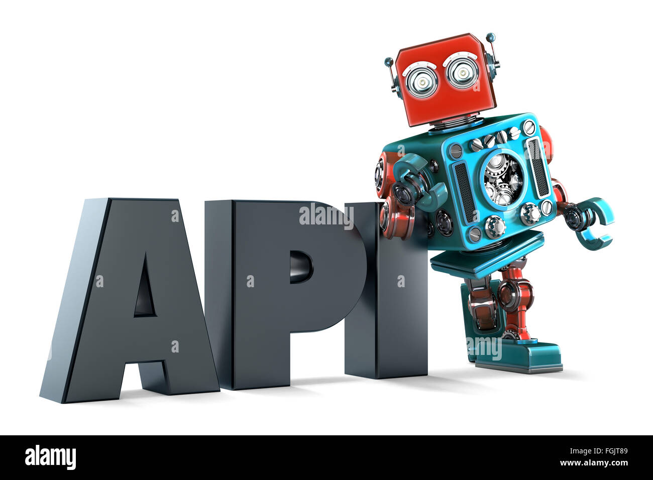 Retro Robot with application programming interface sign. Technology ...