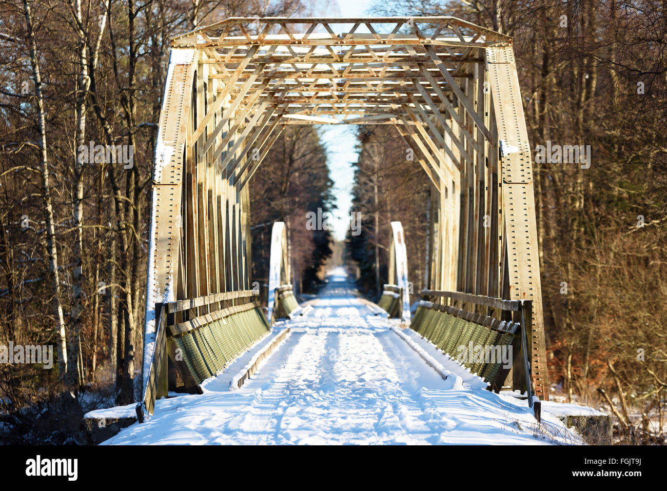 An old iron railway bridge now used as a walk and cycle path through the forest. It is winter and some snow is on the ground. We Stock Photo