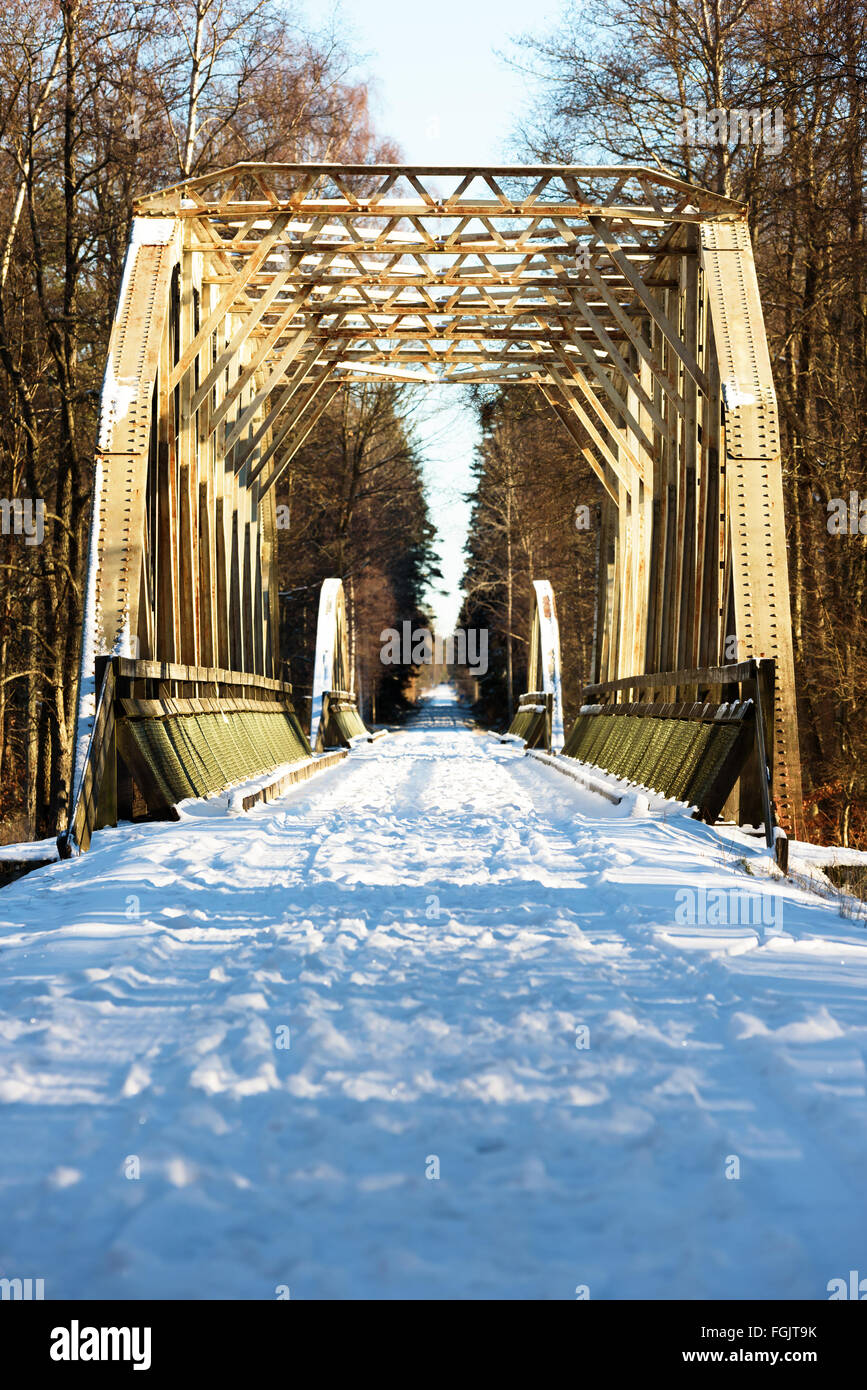 An old iron railway bridge now used as a walk and cycle path through the forest. It is winter and some snow is on the ground. We Stock Photo