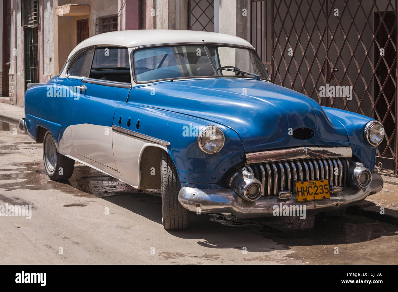 Old blue and white car at Havana, Cuba, West Indies, Caribbean, Central America Stock Photo