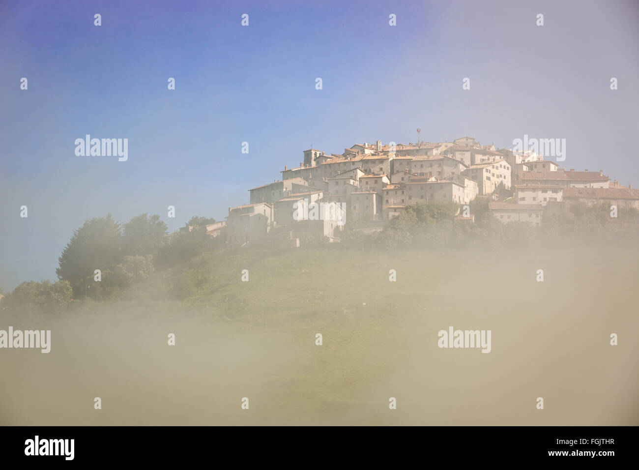 Castelluccio in morning fog, Piano Grande, Umbria, Italy Stock Photo