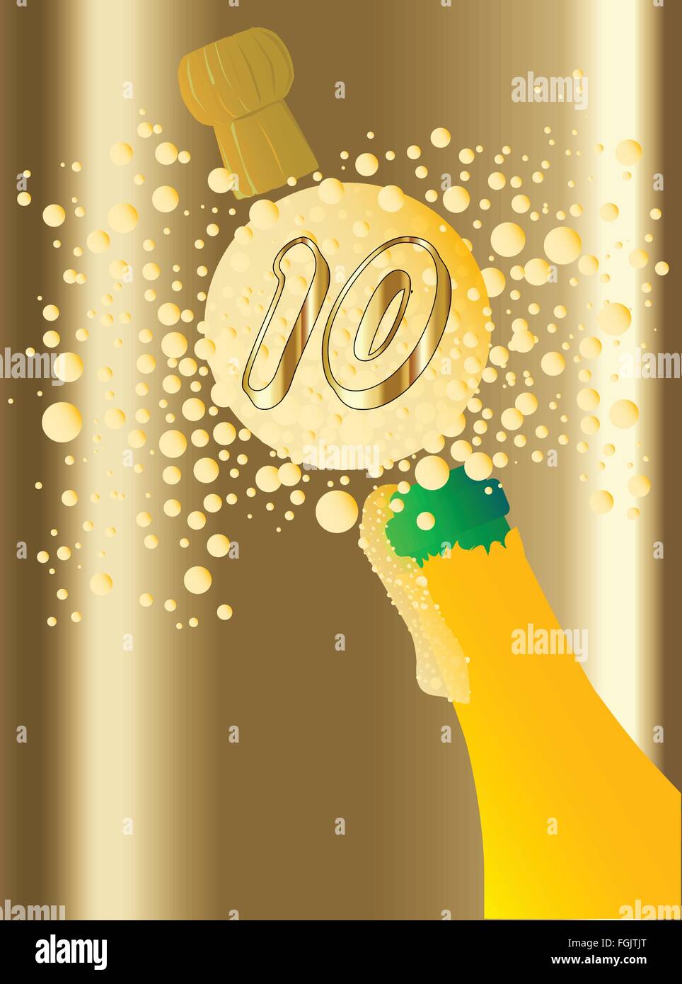 Champagne bottle being opened with froth and bubbles with a large bubble exclaiming 10 Stock Vector