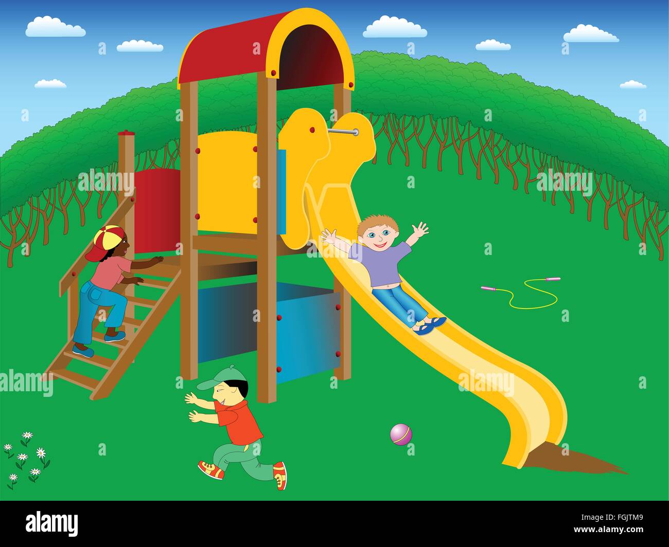 Three children of different races playing happily on the playground. Concept of interracial friendship. Stock Vector