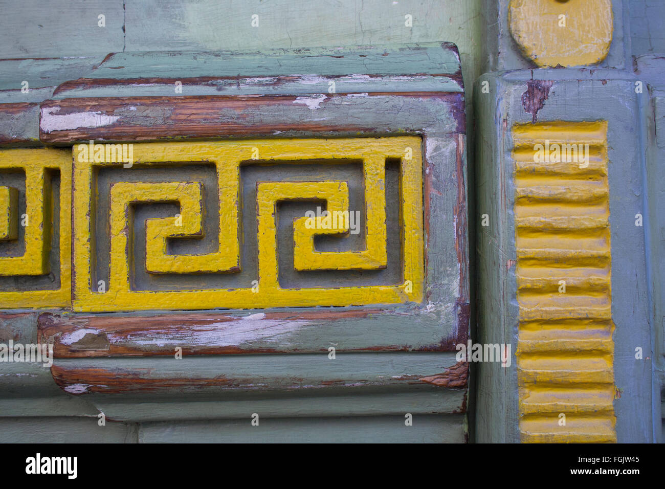 Maze-like carved pattern on a door in the old town, Tallinn, Estonia Stock Photo
