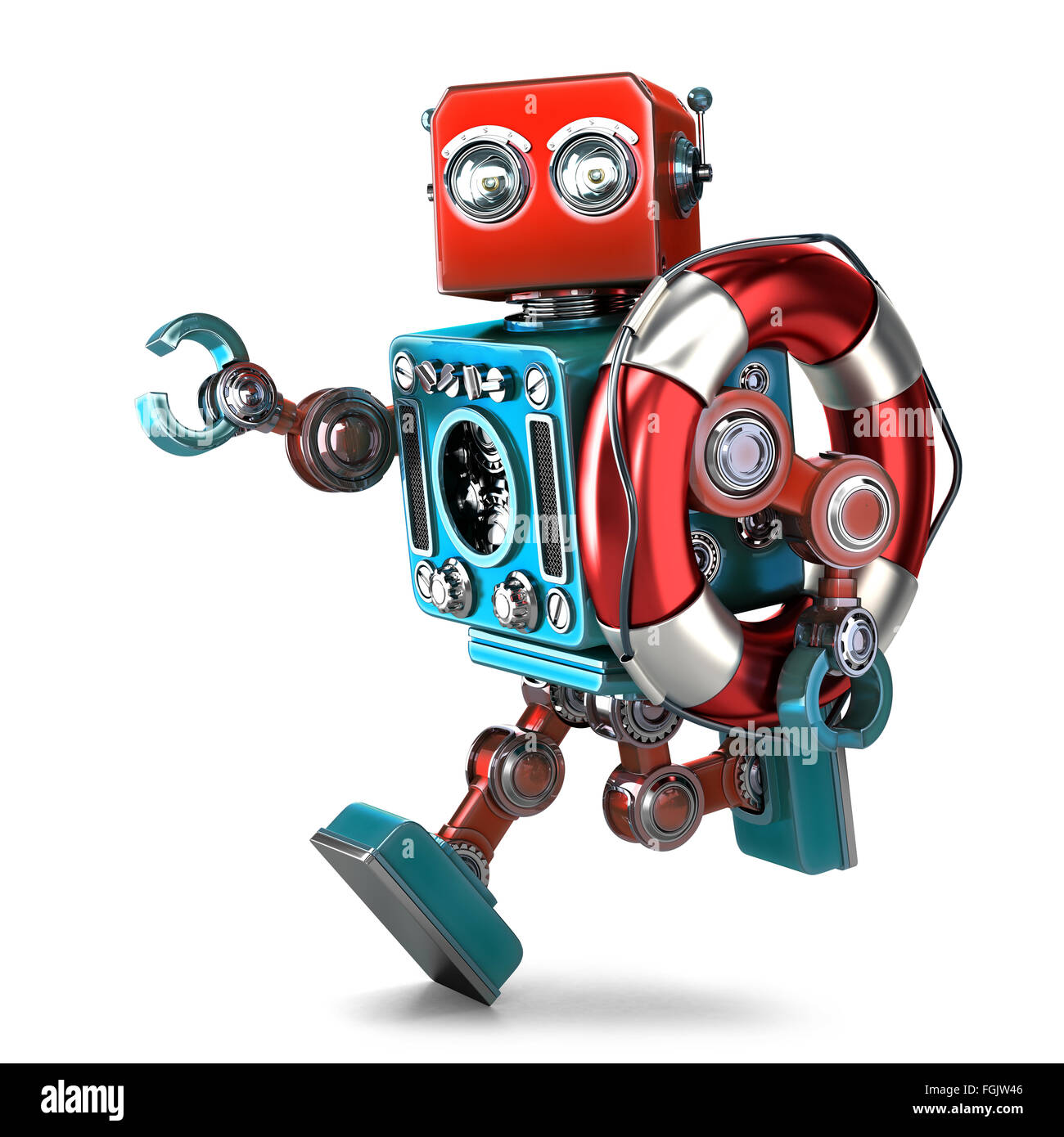 Vintage robot run with lifebuoy. Isolated. Contains clipping path Stock Photo