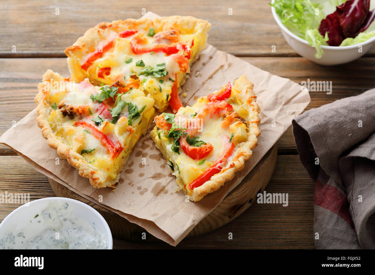 slice of vegetables quiche with cheese, food top view Stock Photo