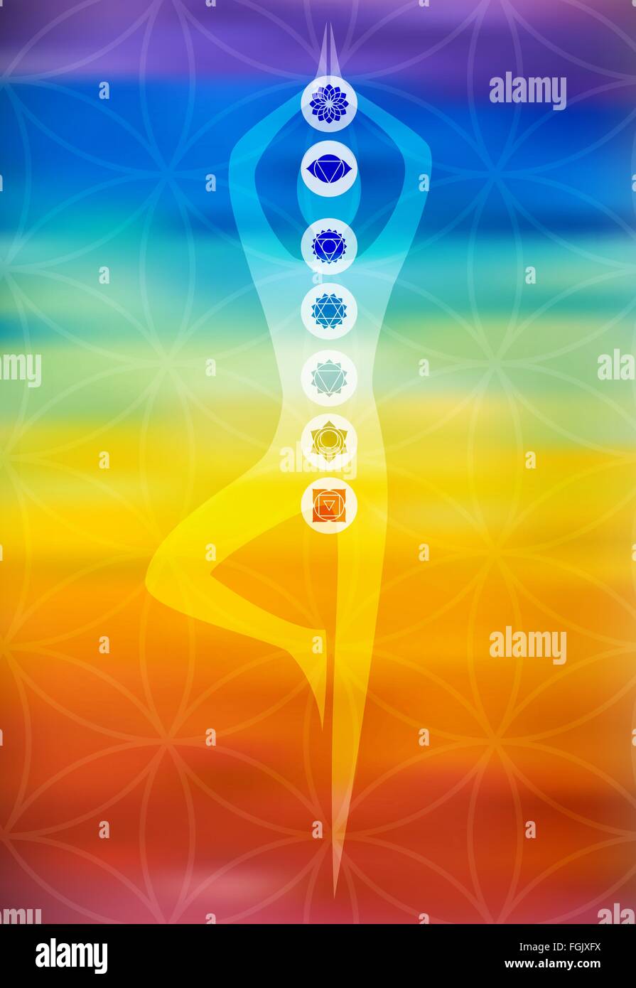 Chakra icons on human silhouette doing yoga pose, colorful sacred geometry background. EPS10 vector. Stock Vector