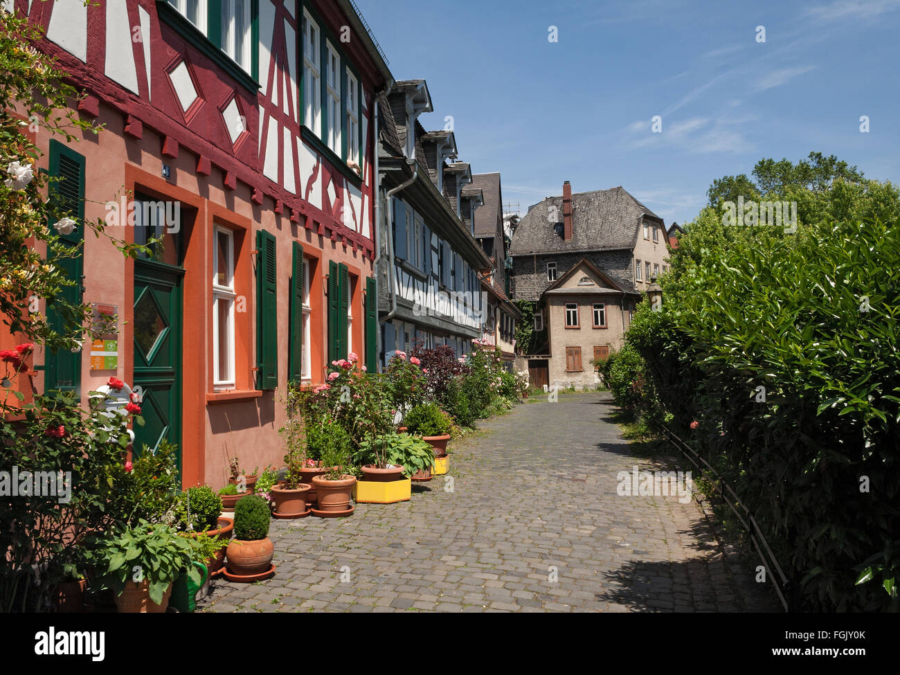 historic old town Frankfurt-Hoechst with its half-timbered houses Stock Photo