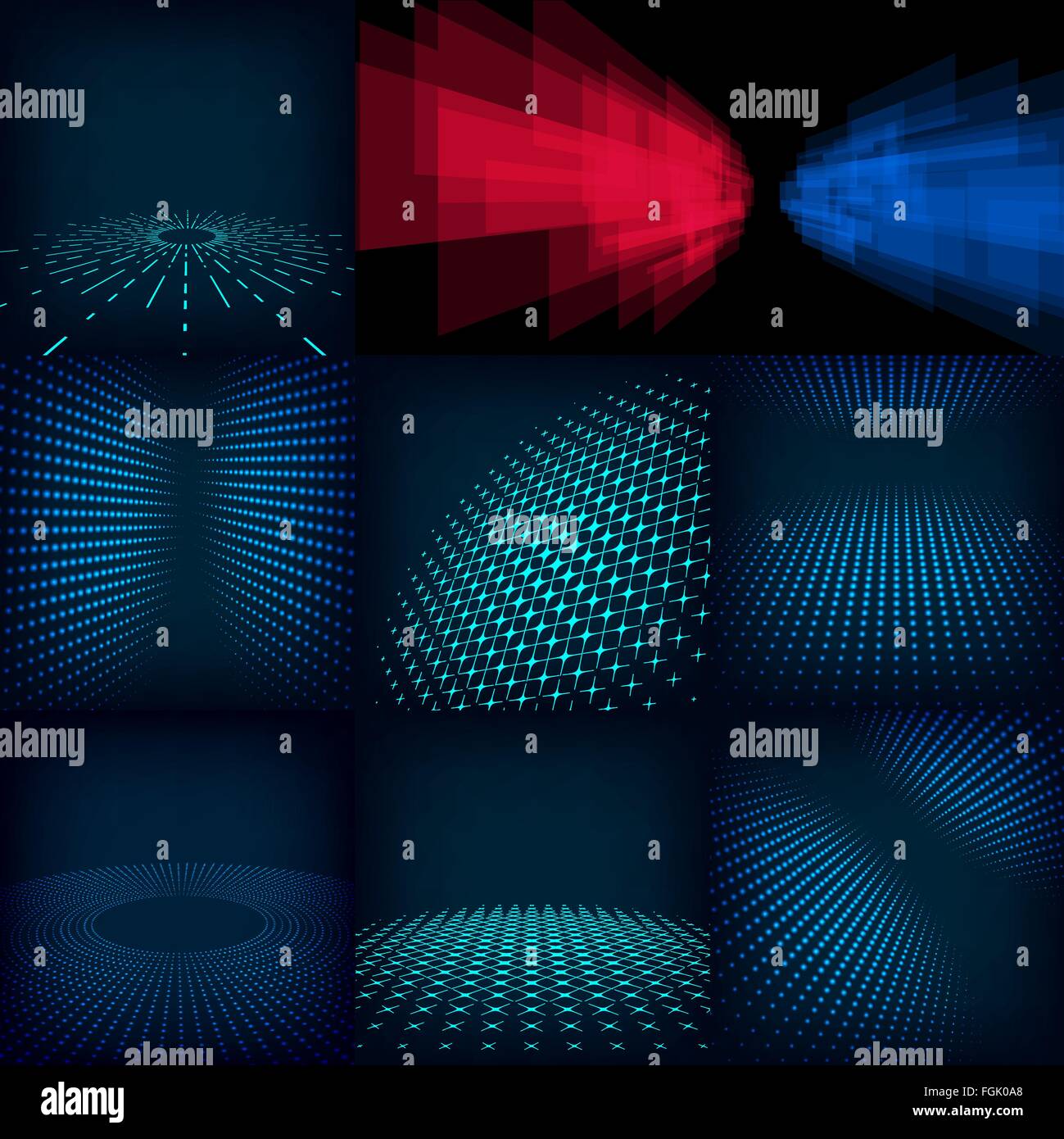 Set of nine abstract blue, red and cyan digital vector background ...