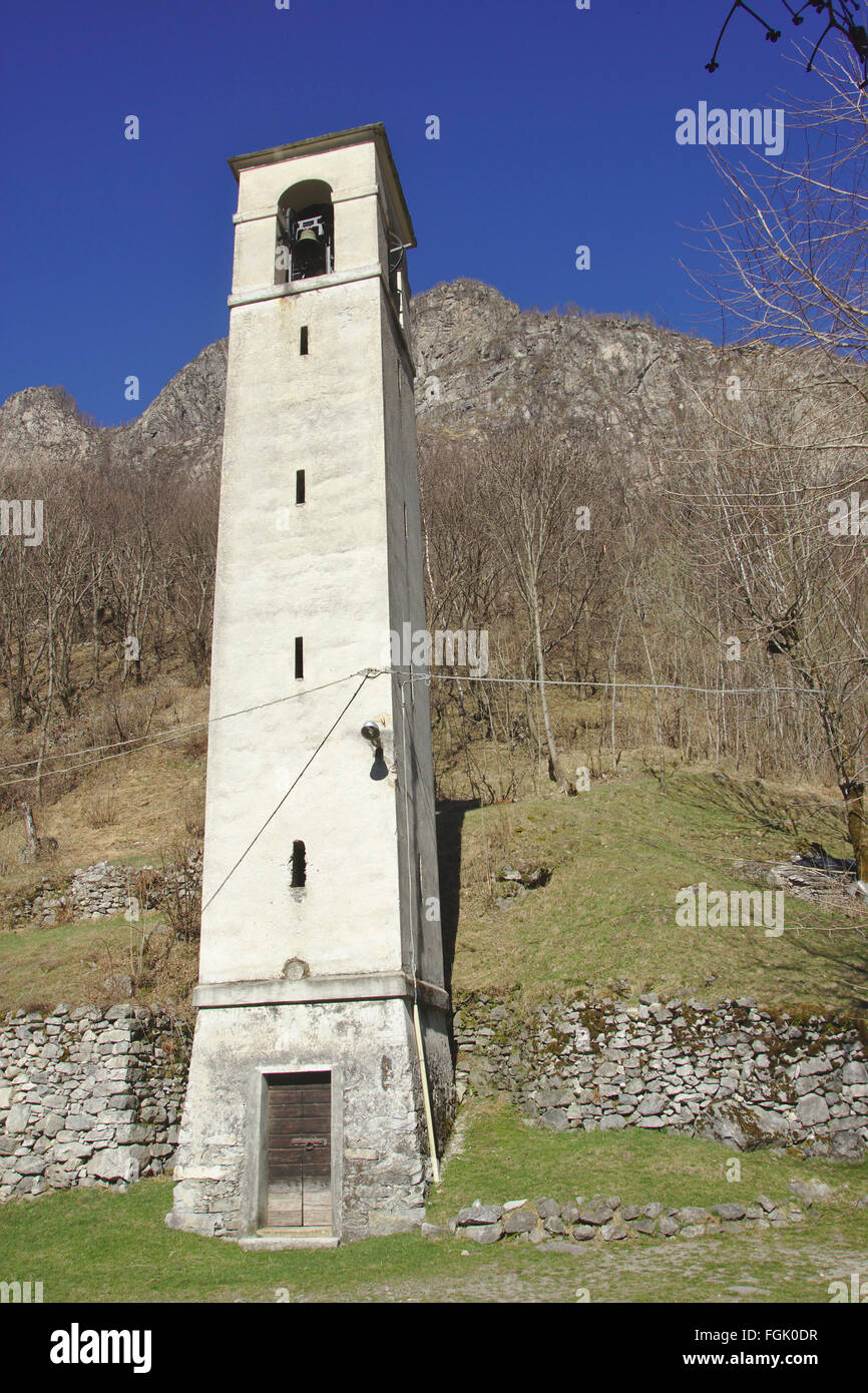 Church tower in Frasnedo, Valle dei Ratti, Italy Stock Photo