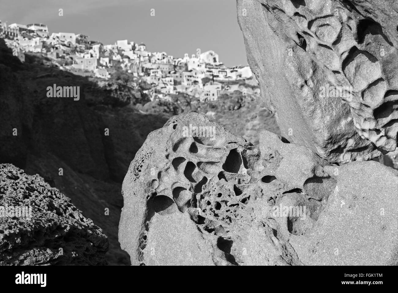 Santorini - The look to Oia across the pumice boulder Stock Photo