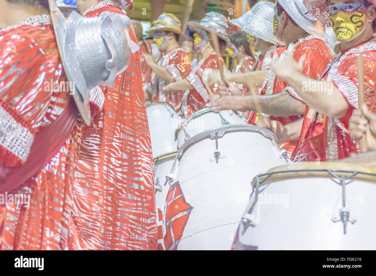 MONTEVIDEO, URUGUAY, JANUARY - 2016 - Costumed men drummers playing