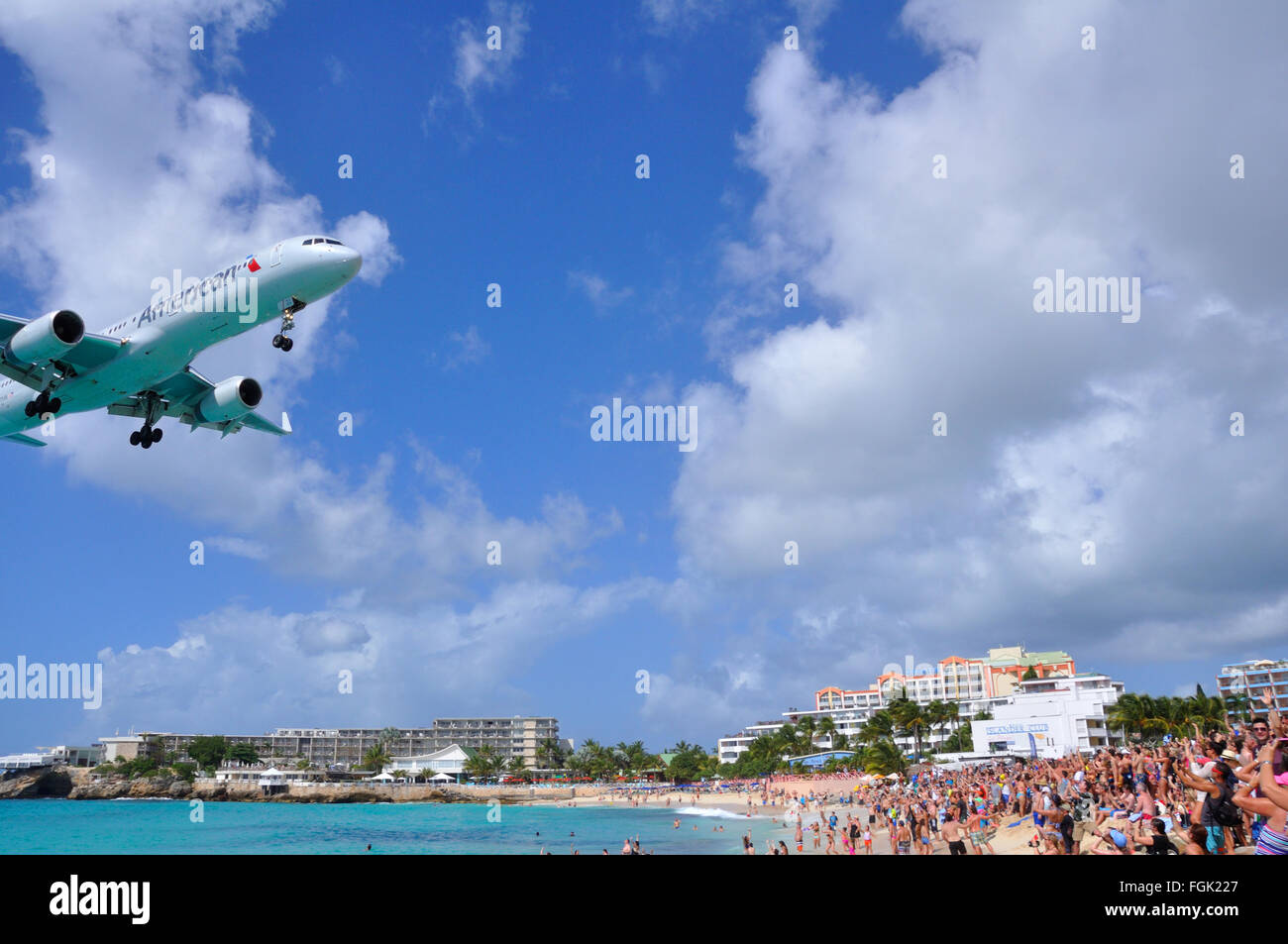 Maho Beach plane landing at St. Martin Stock Photo