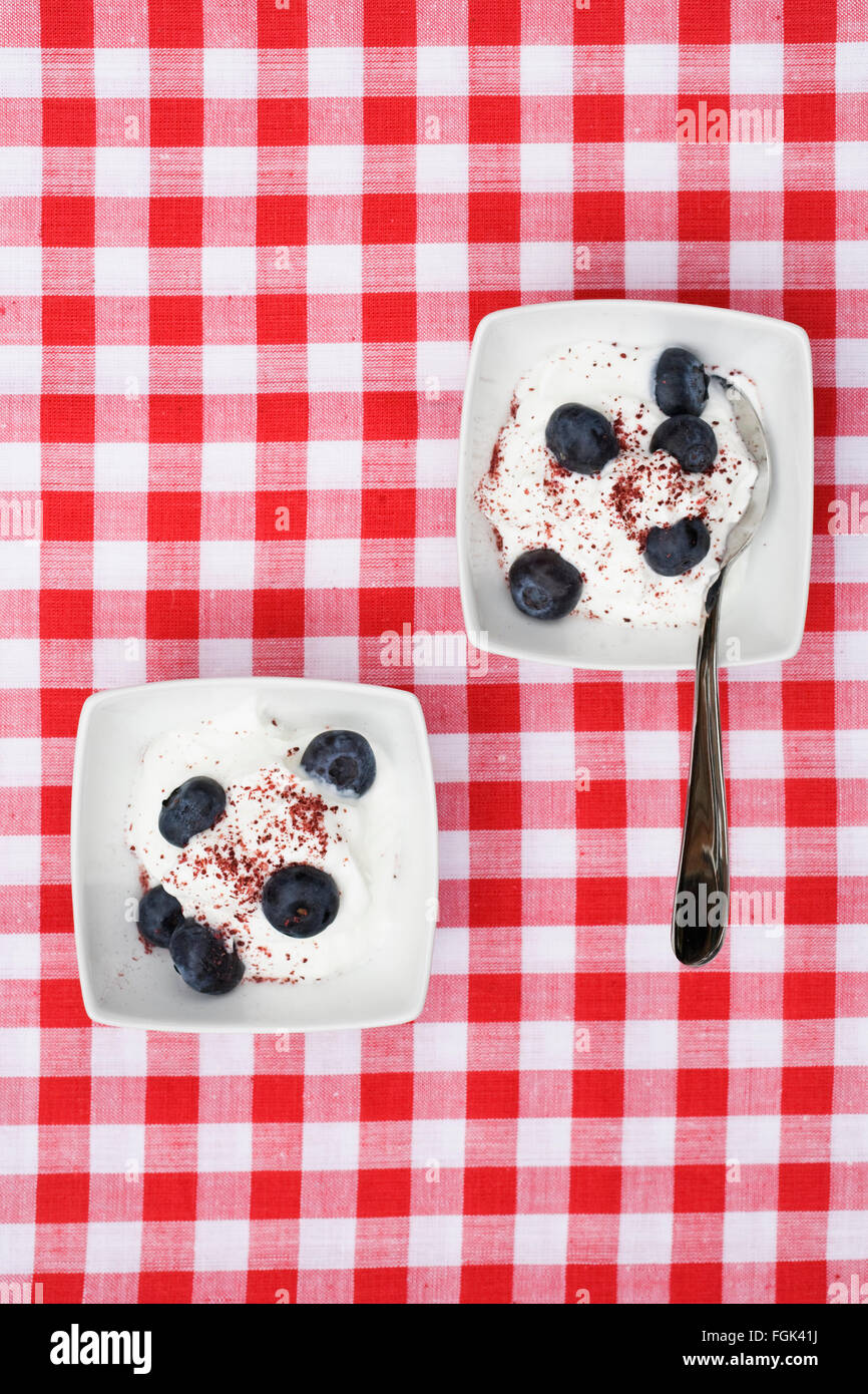 Skyr topped with blueberries and cranberry powder. Stock Photo