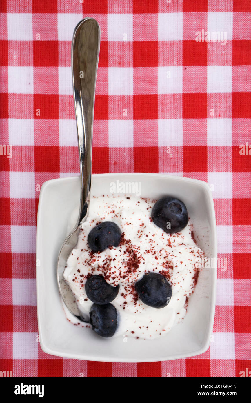 Skyr topped with blueberries and cranberry powder. Stock Photo