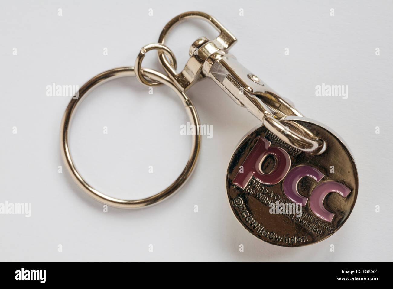 Funded by PCC Police and Crime Commissioner on rear of Community Speed Watch key ring isolated on white background Stock Photo