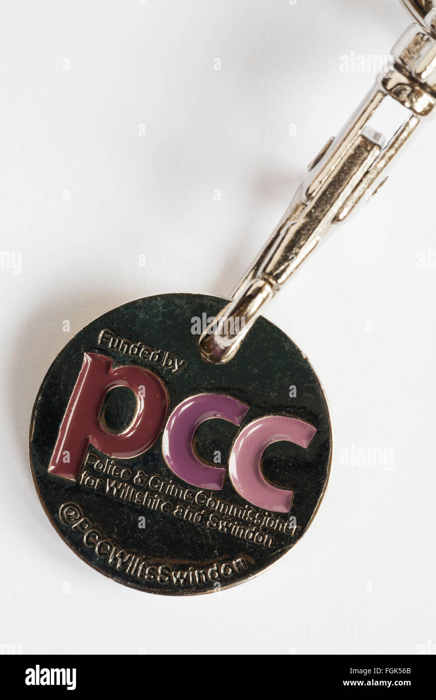 Funded by PCC Police and Crime Commissioner on rear of Community Speed Watch key ring set on white background Stock Photo