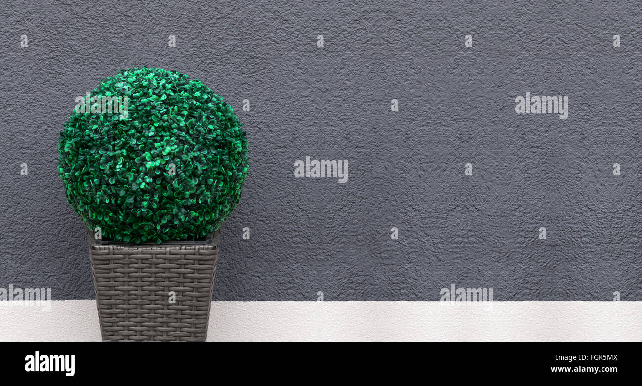 Panorama of an artificial boxwood ball in a brown, braided planter as a