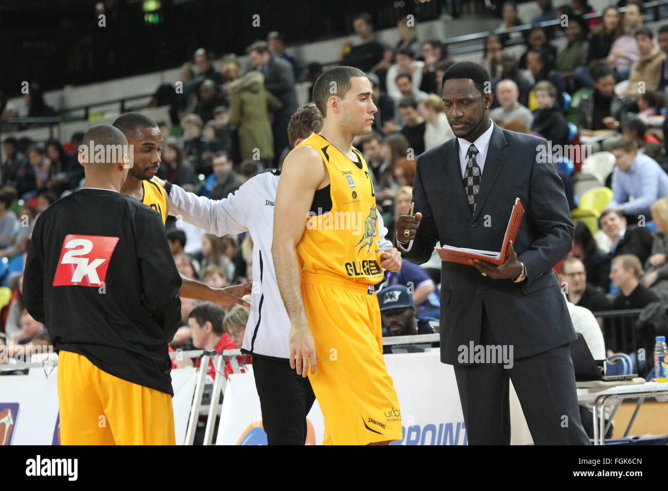 London, UK, 19th February 2016. London Lions' assistant coach Robert Youngblood giving instruction to Kai Williams during the London Lions vs. Glasgow Rocks BBL game at the Copper Box Arena in the Olympic Park. Credit:  Rastislav Kolesar/Alamy Live News Stock Photo